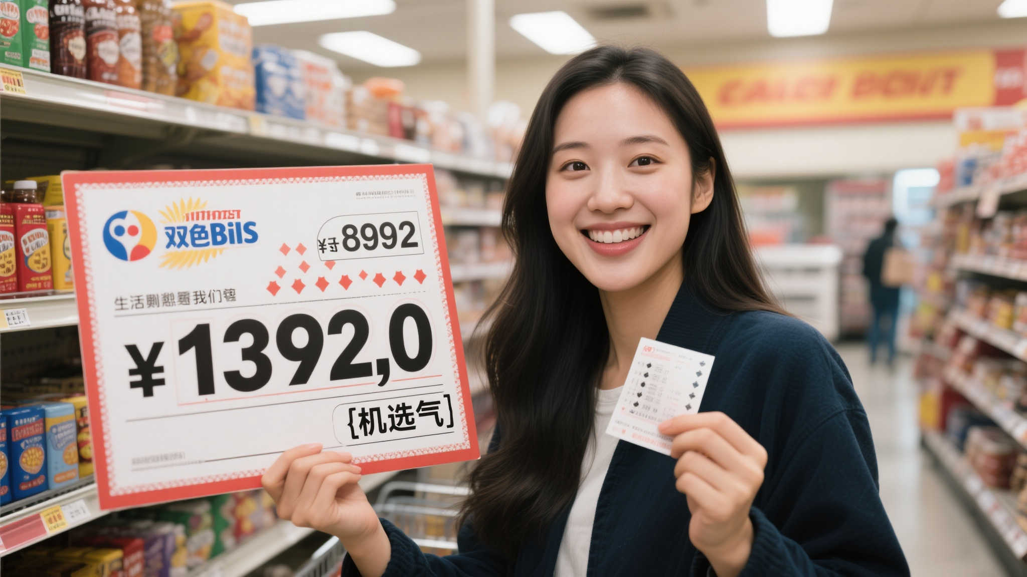 90后女子超市购物顺手购彩，意外喜中双色球1392万大奖